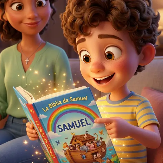 Ilustración: un niño feliz con el libro «La Biblia de Samuel», con su nombre en la portada