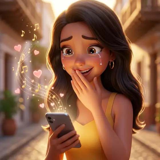 Ilustración: una muchacha se emociona al oír en su celular una canción con su nombre