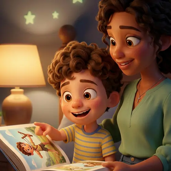 Ilustración: una mamá y su hijo leen juntos un libro en la noche