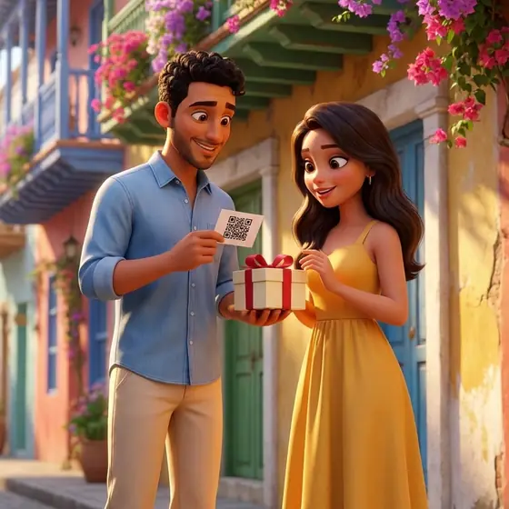 Ilustración: un muchacho le entrega a su novia un regalo con una tarjeta con código QR